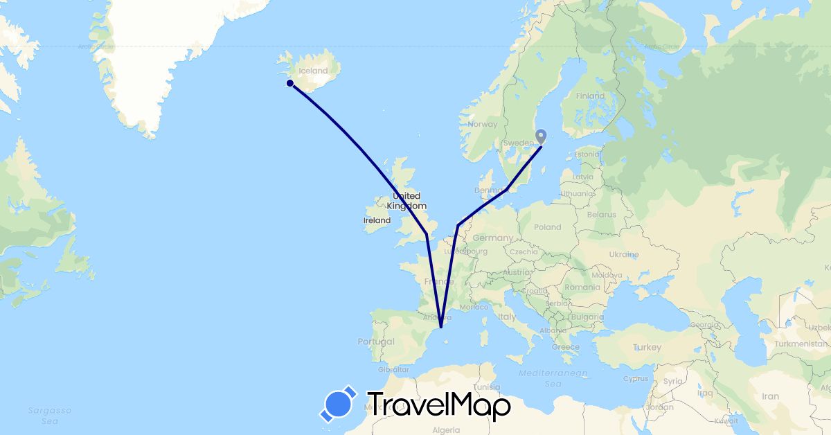 TravelMap itinerary: driving in Belgium, Denmark, Spain, United Kingdom, Iceland, Netherlands, Sweden (Europe)